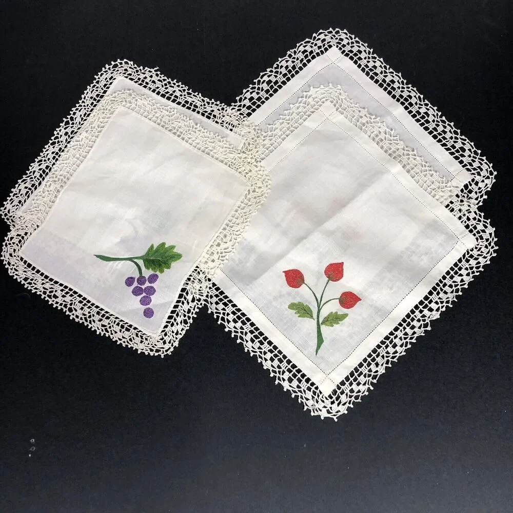 Vintage Small Table Topper Linens Square Purple Grapes Red Flowers Crochet Edge